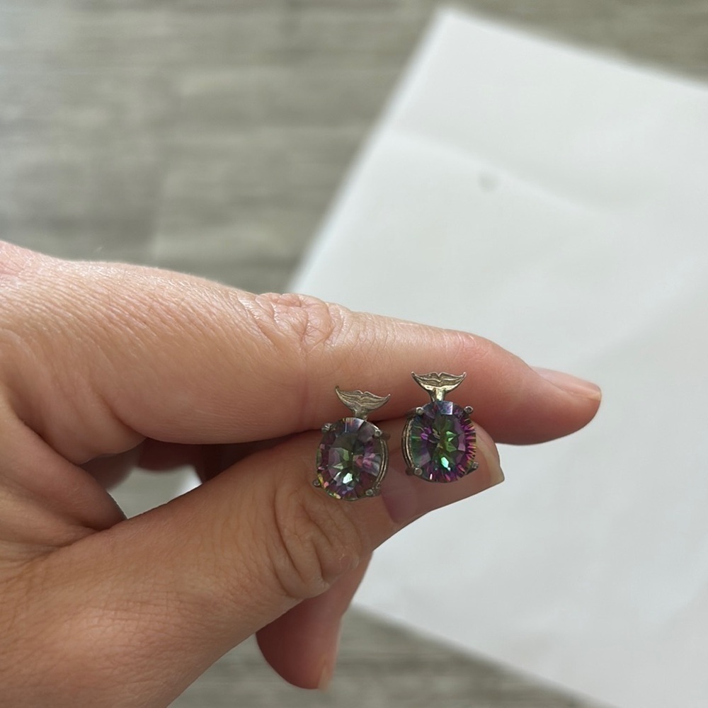 Mystic topaz sterling Silver Stud Earrings with whale tail design topper - Picture 3 of 9